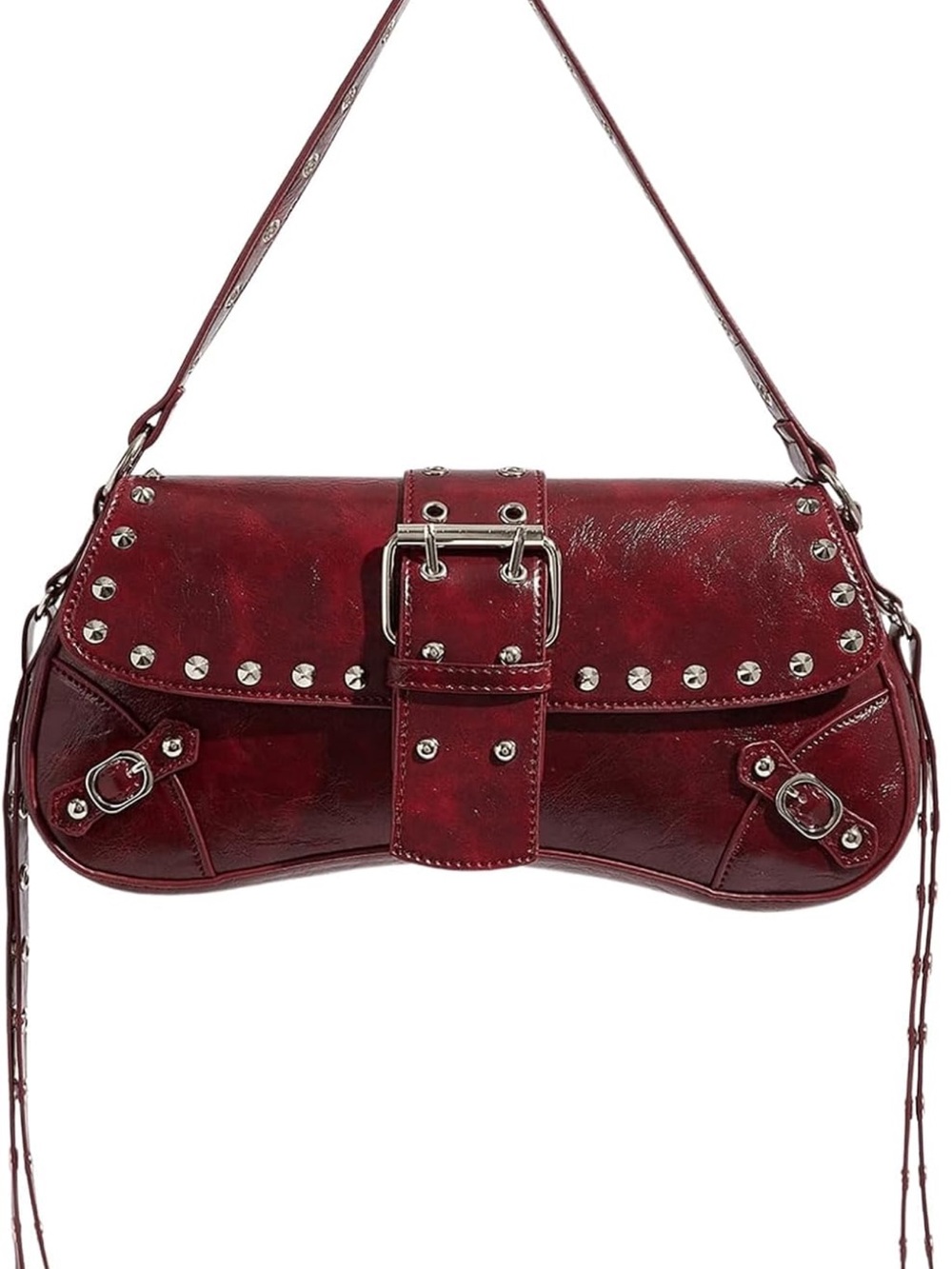 Studded Burgundy Shoulder Bag with Buckle Detail Y2K NY City Summer